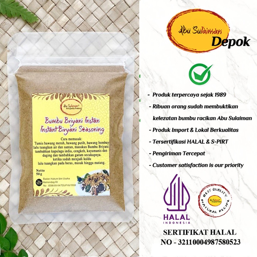 

BUMBU NASI BRIYANI INSTANT 100 GR / INSTANT BRIYANI SEASONING POWDER 100 GR ABU SULAIMAN