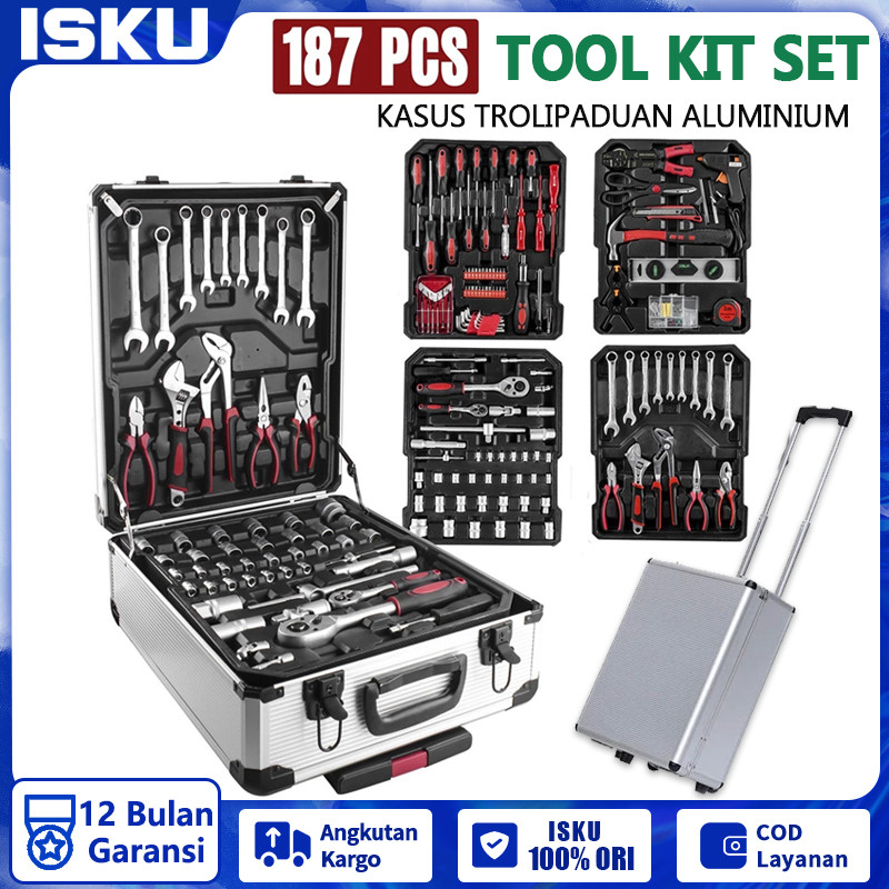【Bisa Cod】Isku Tool Kit Set 121/187 Pcs Lengkap Perkakas Bengkel Kunci Sok Set Tools Set Alat Rumah 