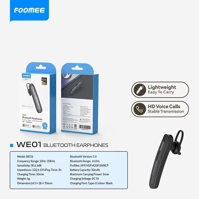 FOOMEE WE01 BLUETOOTH EARPHONES / Headset Bluetooth FOOMEE WE01 Dijamin Original 100%