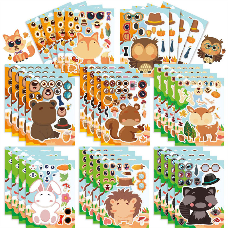 

6-24sheets DIY Your Own Animal Make a Face Stickers Cute Cartoon Squirrel Owl Rabbit Bear Puzzle Jigsaw Kids Children Party Toys