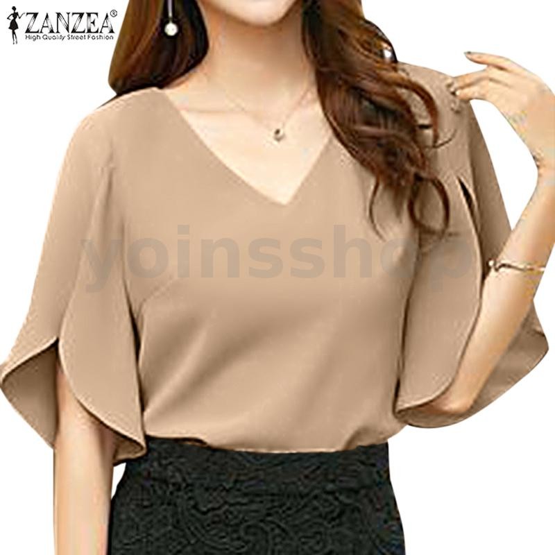ZANZEA Women Korean Casual Flare Short Sleeve V Neck Plain Night Gown Wedding Blouse Presale