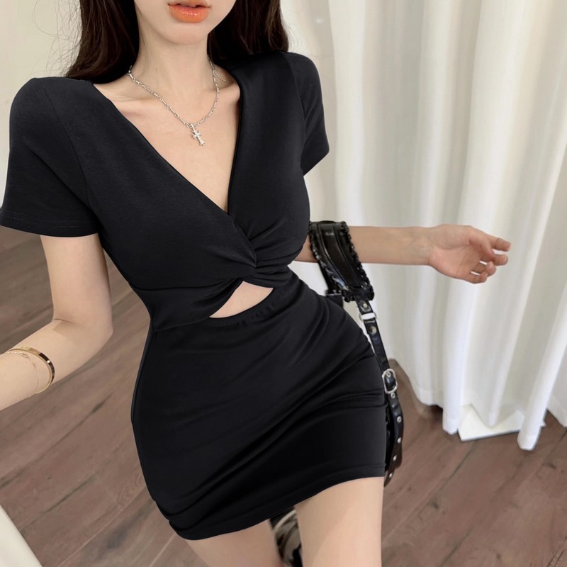 Miss Emita baju sexy party dress bodycon mini gaun pink lengan pendek wanita korean style formal dre