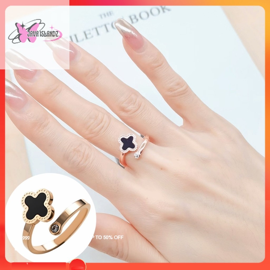 Cincin Titanium Clover Rose Gold Permata Berkilau Cincin Titanium Asli Cincin Wanita Korea Model Ter