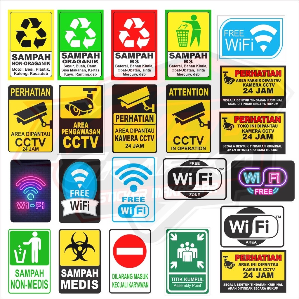 

Stiker Sticker Label Cctv Free Wifi Buang Sampah Titik Kumpul Laminasi Glossi Waterproof