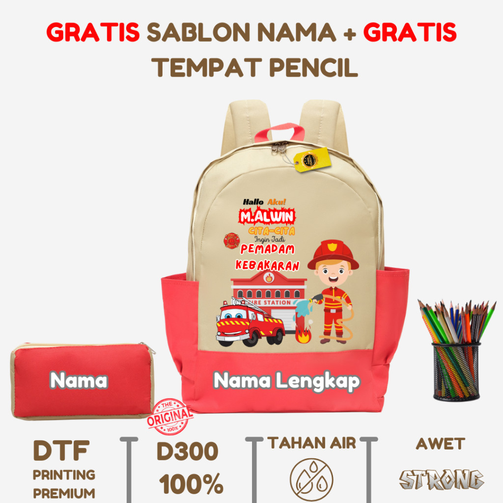 Tas Ransel Anak Karakter Damkar - Tas Ransel Custome Nama - Tas Ransel Anak Gratis Sablon Nama -Kind