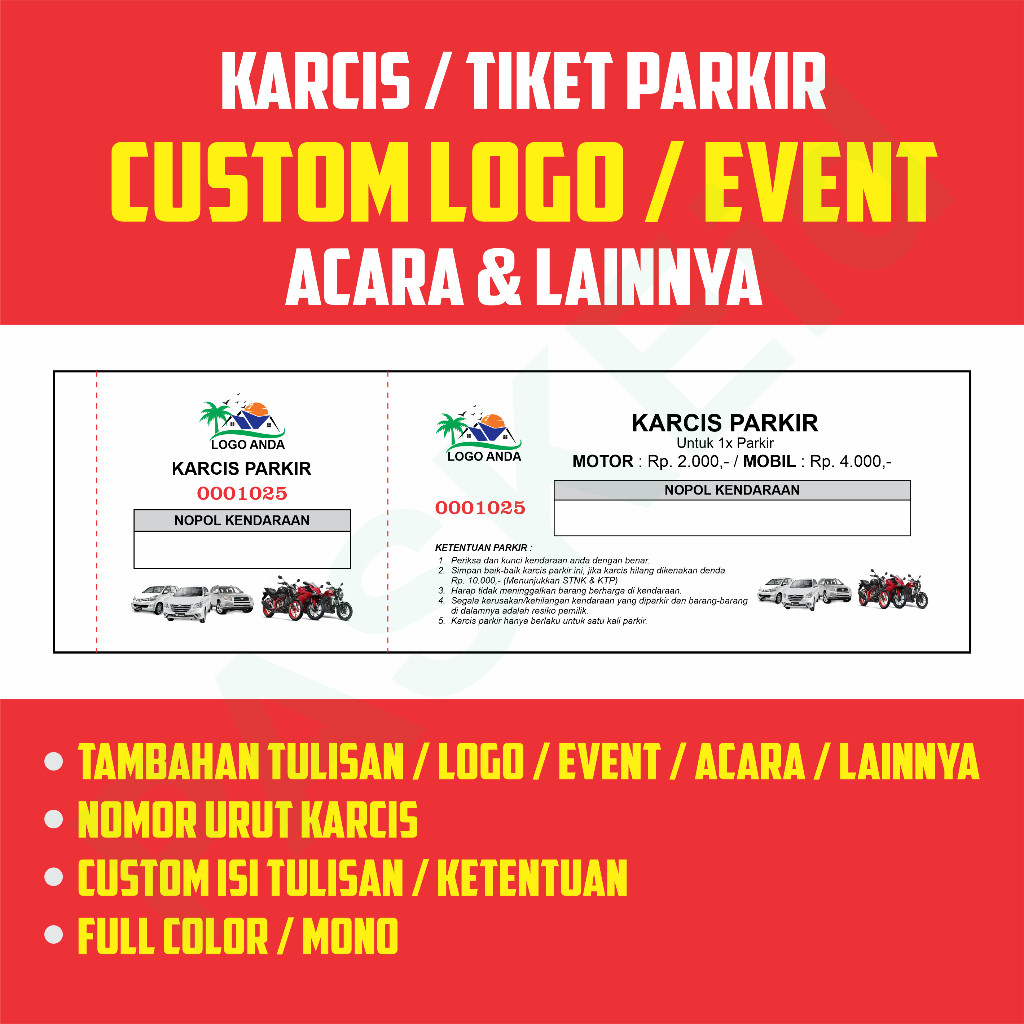 

KARCIS PARKIR / TIKET PARKIR CUSTOM ACARA / LOGO / EVENT / LAINNYA SESUAI REQUEST PALING MURAH TERMURAH