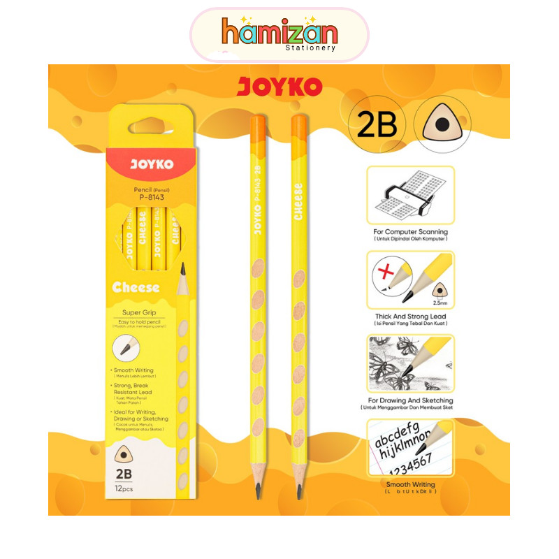 

( 12 batang ) P8143 Pencil warna Kuning / Pinsil bentuk Segitiga / Pensil 2B Motif dengan Penghapus P-8143 Joyko / Pencil Pensil Joyko P-8143 2B 1 Box 12 Pcs Cheese Murah Berkualitas