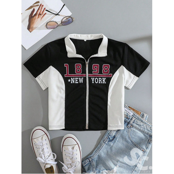 Crop Tee Letter Graphic Two Tone Zip Up