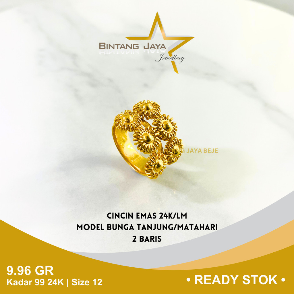 Cincin Emas Kadar 24K (LM) 99 Berat 9.96 gr gram Size Ukuran 12 Model Bunga Tanjung Matahari Dua Bar