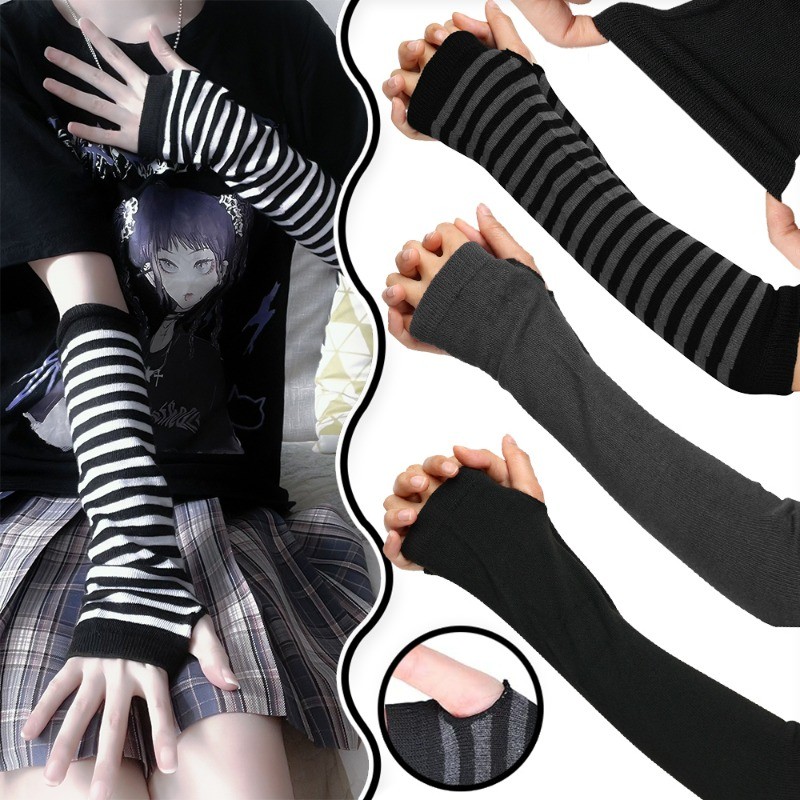 Punk Adjustable Fingerless Gloves Decorative Stripe Long Arm Glove Winter Warm Mittens Arm Warmer Sl