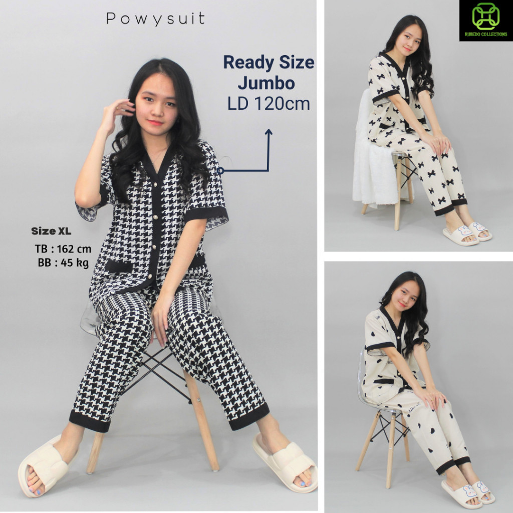 ST Vianca Piyama Motif Pita love Powysuit Bahan Satin Lengan Pendek Celana Panjang Baju Tidur Wanita