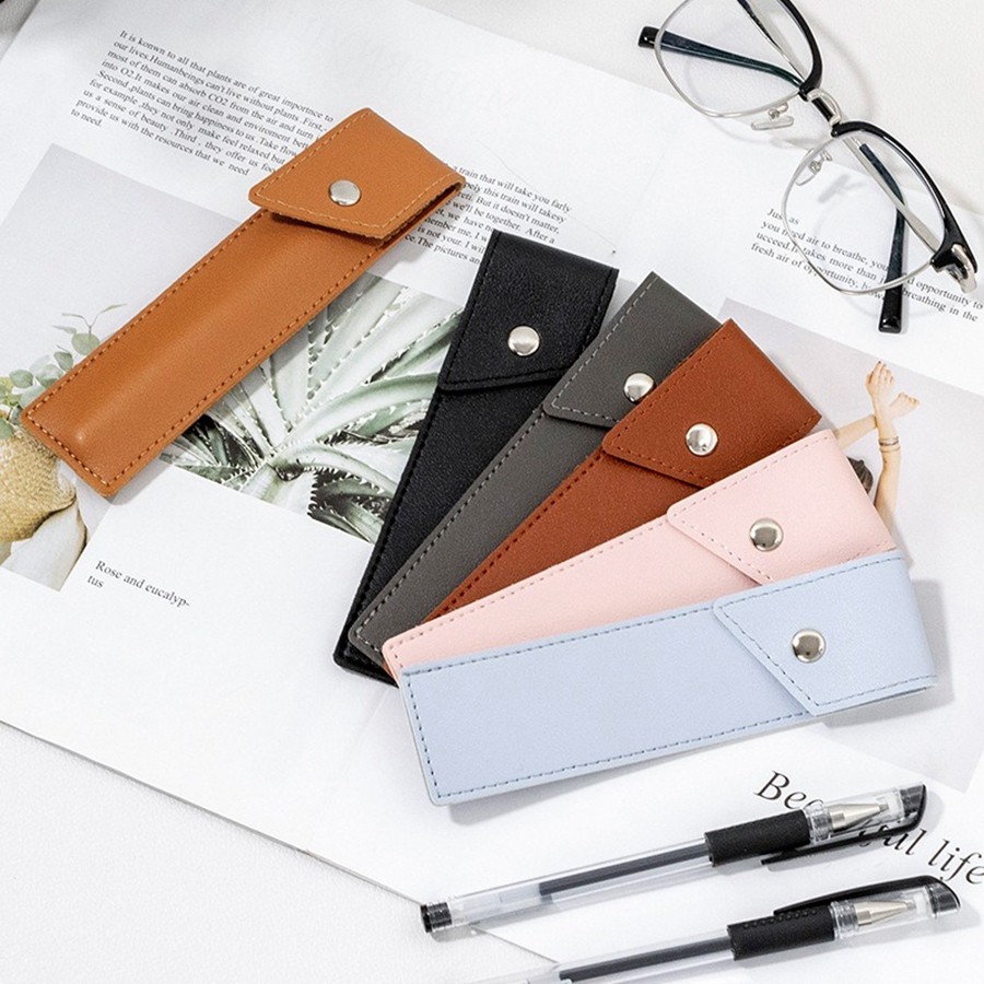 

Creative Button Square Leather Pencil Case Solid Color Single Leather Signature Pen Protective Bag Business Office Pencil Bag