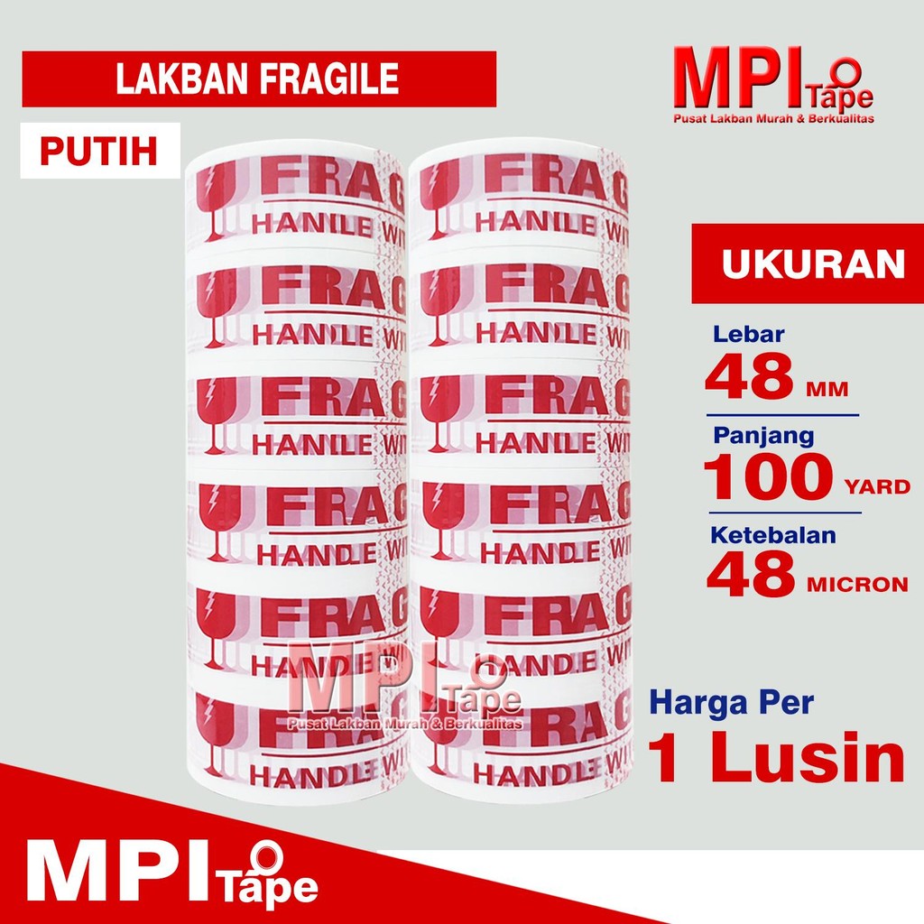 

1 Lusin / 12 Pcs - Lakban Fragile Putih 48 mm x 100 Yard | Lakban jangan Dibanting | MPI