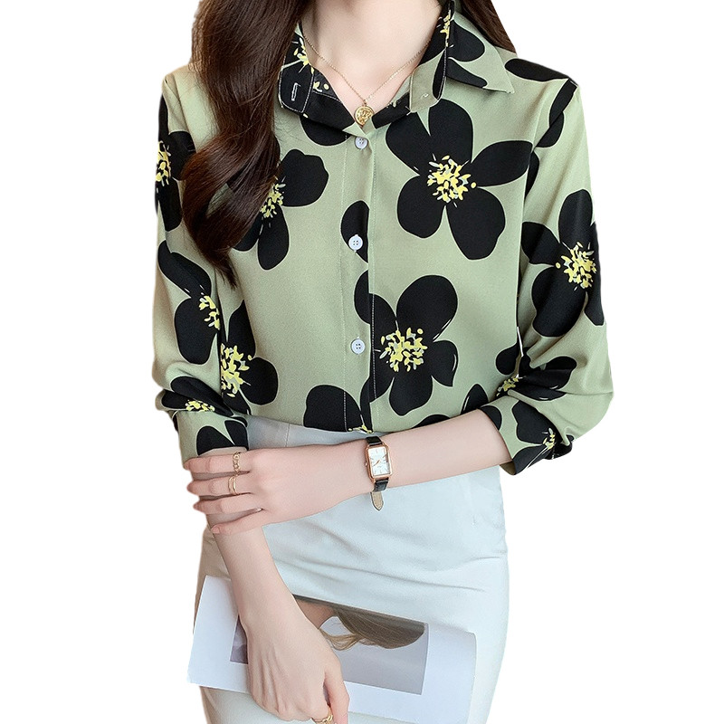 Mode Korea Kemeja Wanita Longgar Lengan Panjang Sifon Hijau Blus Kerja Santai Pantai