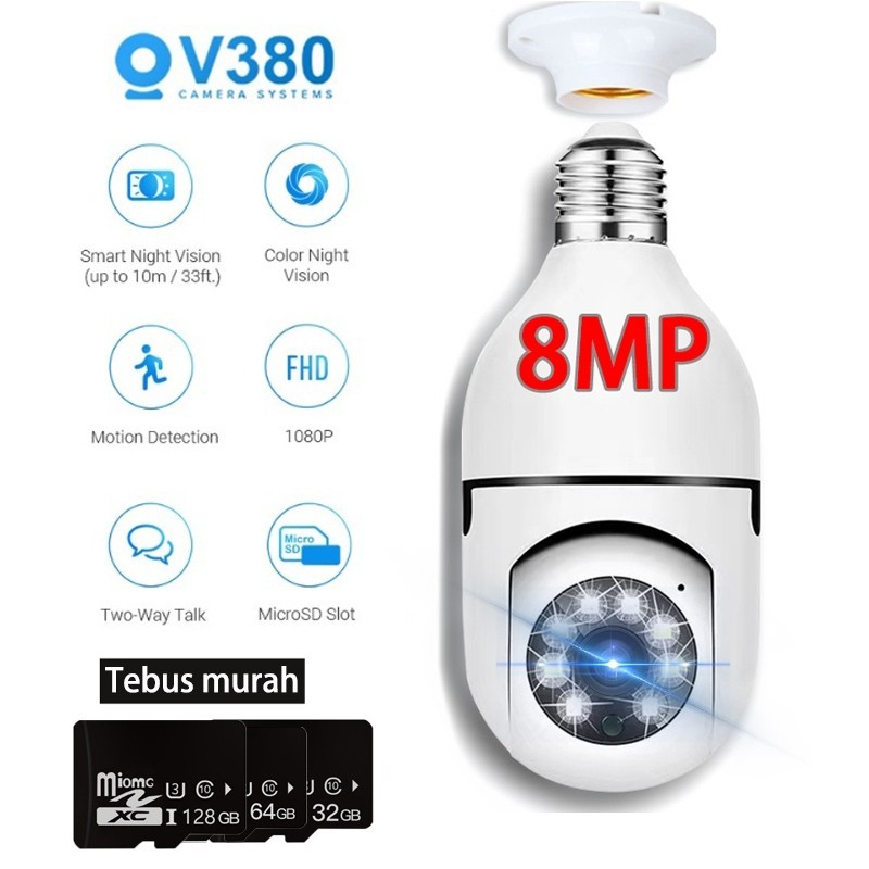 【Gratis Ongkir+COD】V380 Pro CCTV/IP Kamera/Kamera cctv Bulb HD 8MP  Wifi Lampu 360 PTZ  Anti Air CCT