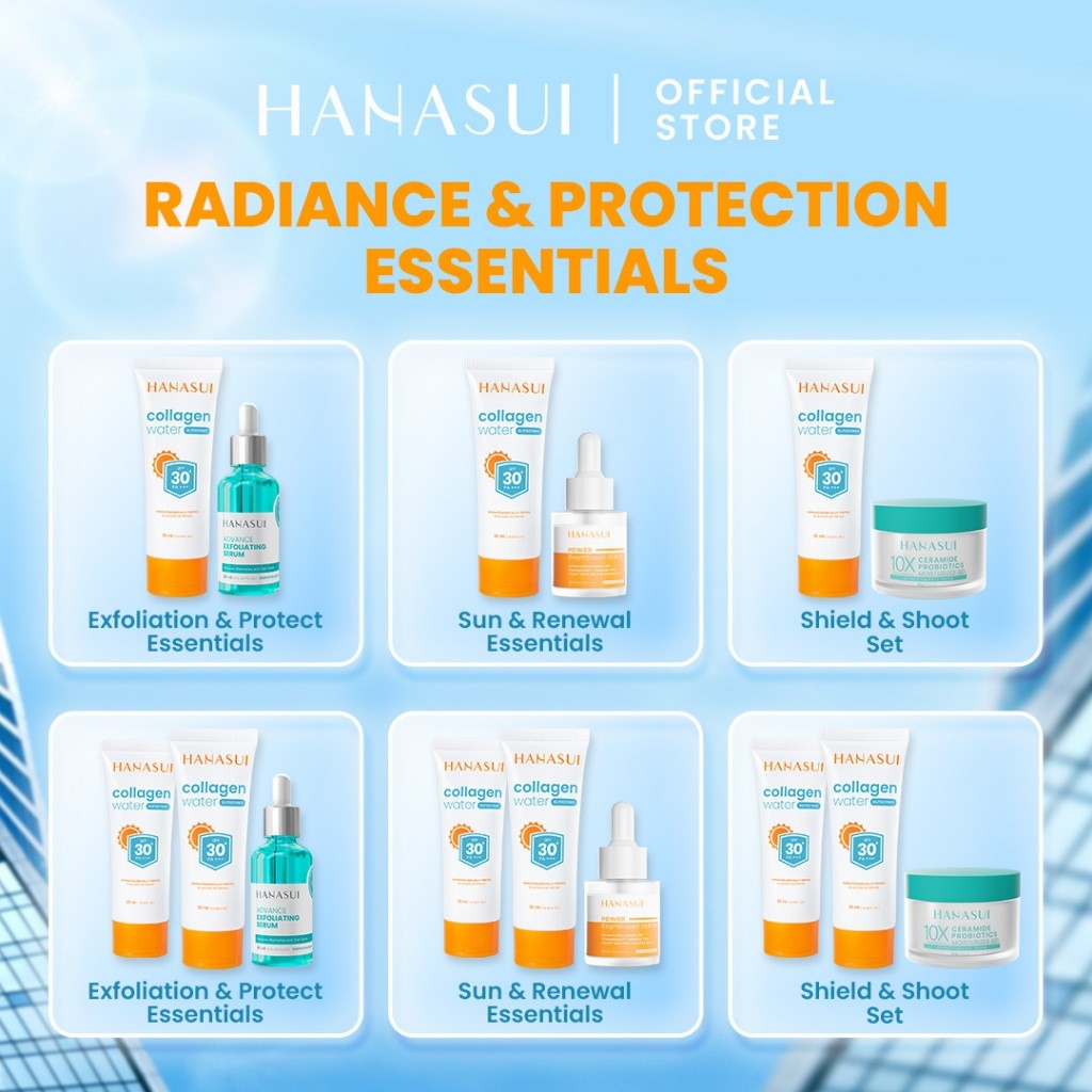 【Hanasui】 Skincare Set | Collagen Water Sunscreen SPF 30 Power Bright Expert Serum Exfoliating Serum