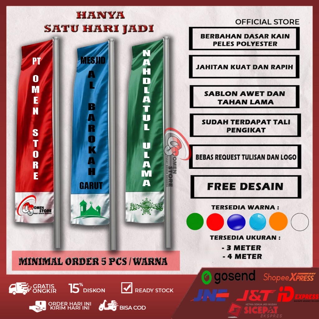 BEST SELLER BENDERA UMBUL UMBUL CUSTOM MODEL KOTAK PANJANG 3/4/5 METER | BEBAS DESAIN 1 HARI JADI