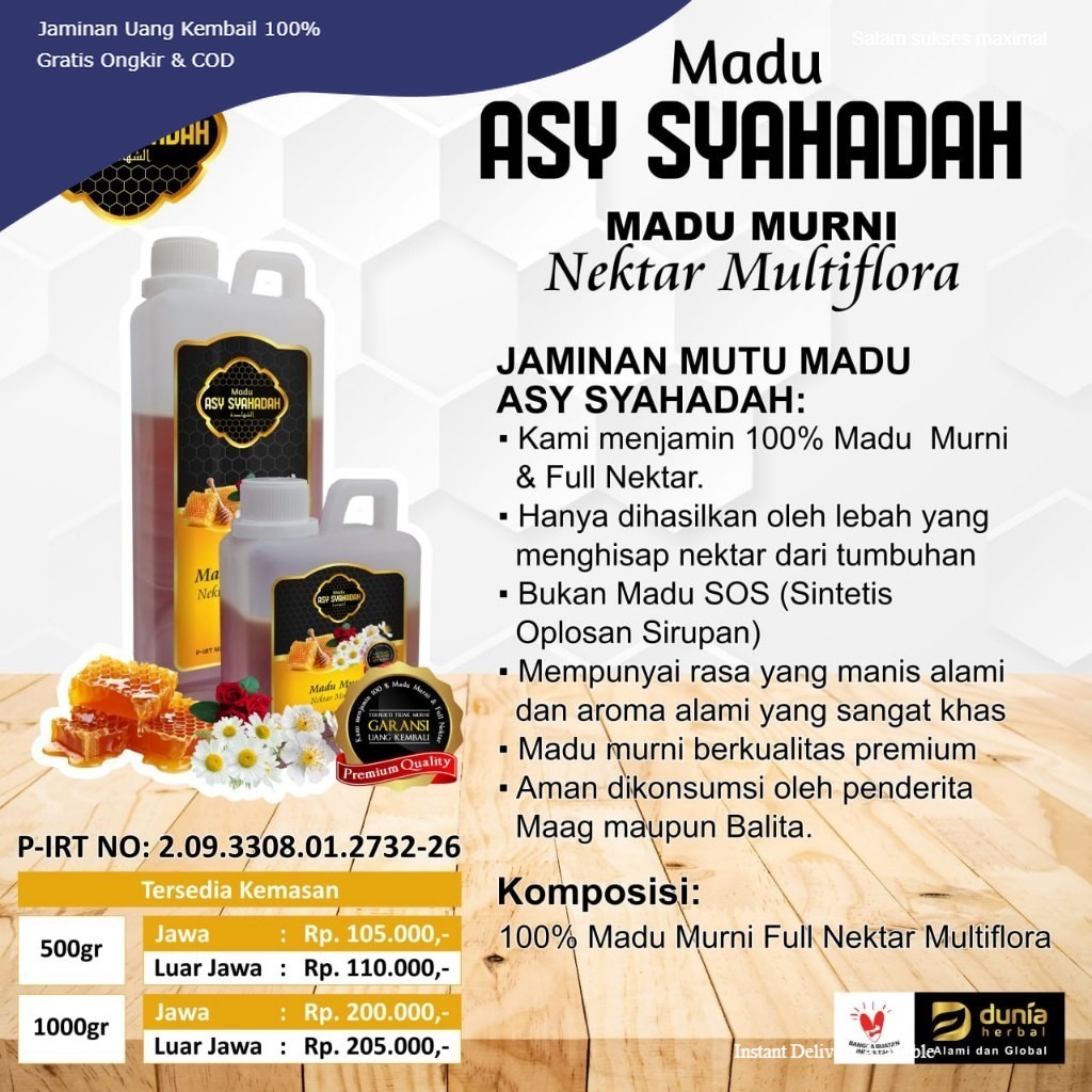 

Madu Asy Syahadah Full Nektar 100% Murni Multiflora Randu Rambutan Kaliandra Toko Jakbar Herbagreng