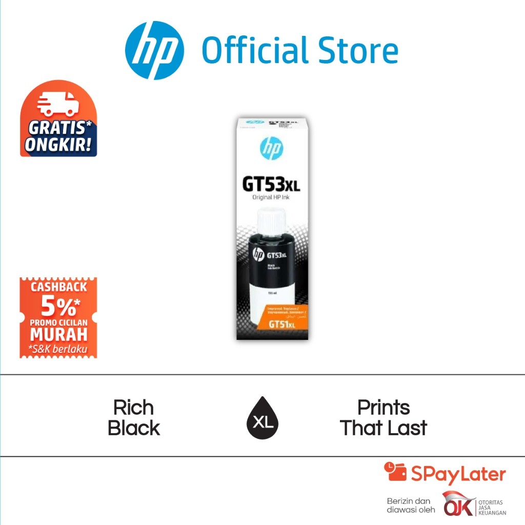 Tinta HP GT53XL 135-ml Black Original Ink Bottle Hitam Catridge Asli HP Smart Tank 350 Series, HP Sm