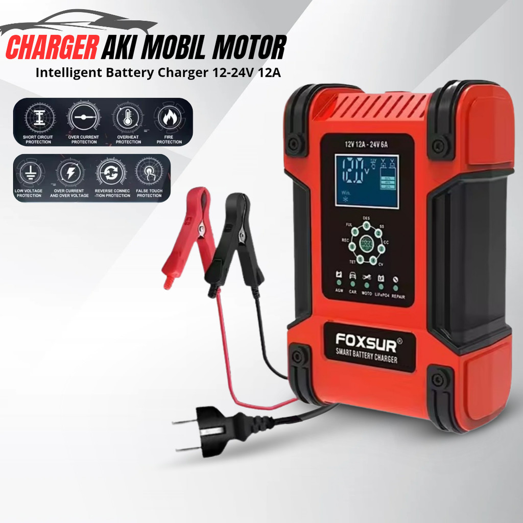 FOXSUR Charger Aki Mobil Motor Intelligent Battery Charger 12-24V 12A