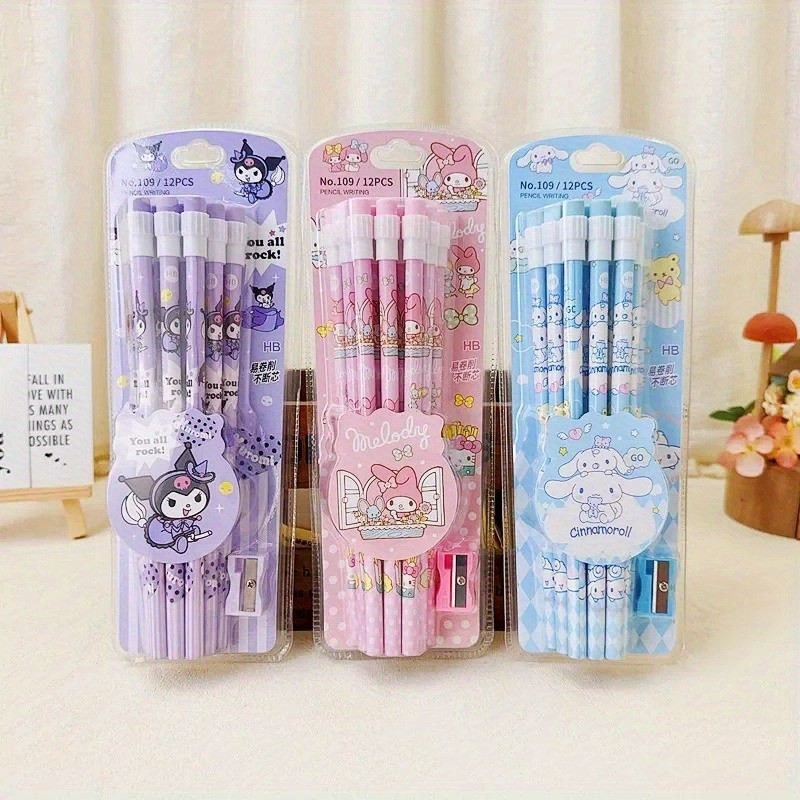 

12pcs Sanrio Cinnamoroll Kuromi Cute Cartoon HB Pencils, 12 Pencils & 1 Pencil Roller Stationery Box Set, Writing & Drawing