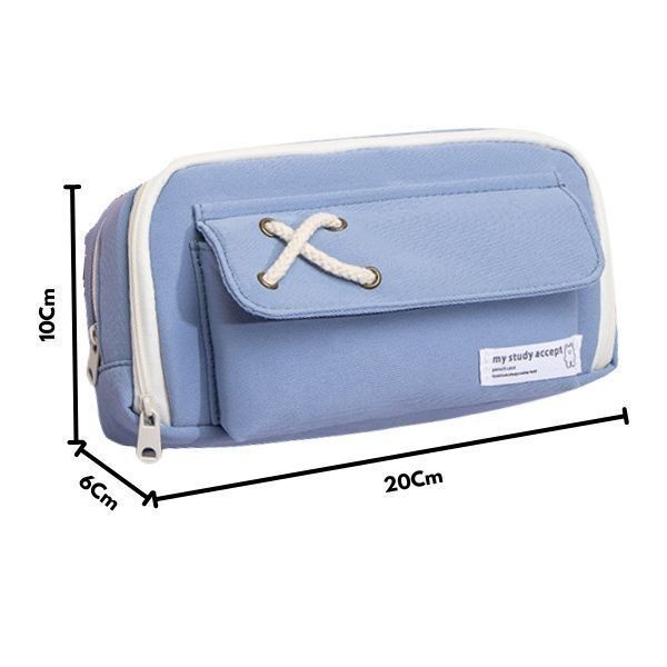 

[Collection New] Tempat Pensil Anak Aksen Pita Silang Kotak Pensil Besar 2 Resleting - Biru
