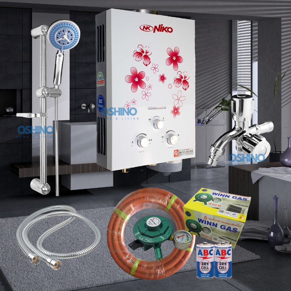 [COD] Paket Komplit Water Heater Gas Niko Putih - Pemanas Air Warna Putih dengan Set Tiang Shower St