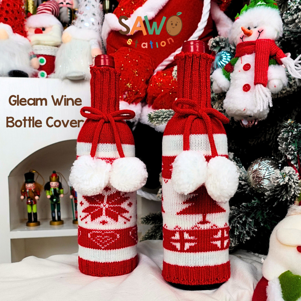 

Gleam Wine Bottle Cover – Holiday Gift Wrap Knit Tree and Snow Decorations Penutup Botol Jubah Goodie Bag Natal Xmas