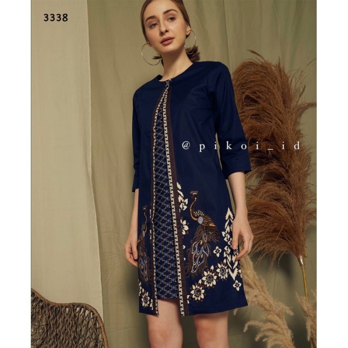 Dress batik wanita modern lengan panjang / seragam dress semi rompi - SAGE GREEN-3620, STANDARD