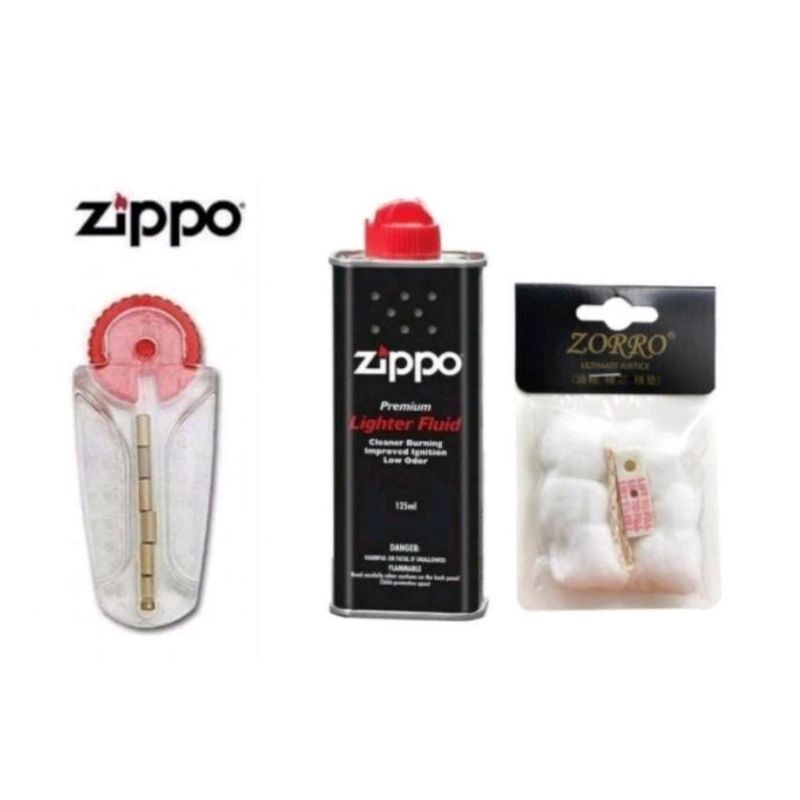 CODPAKET LENGKAP MINYAK ZIPPO ORIGINAL 125ML + KAPAS ZORRO + BATU ZIPPO