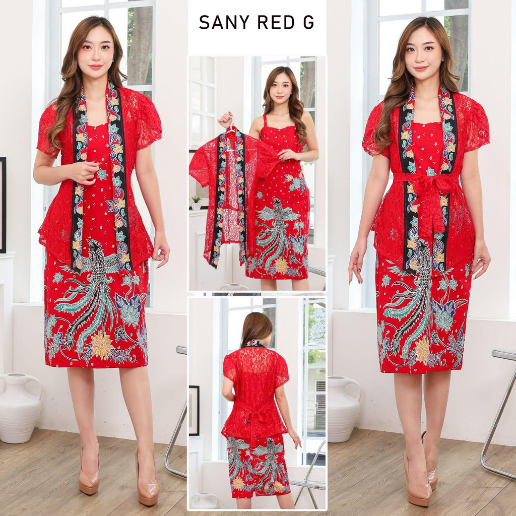 Evercloth Sany Red G Kebaya Brukat Batik Dress Wanita Batik Couple Modern Dress Batik Modern Gaun Pe