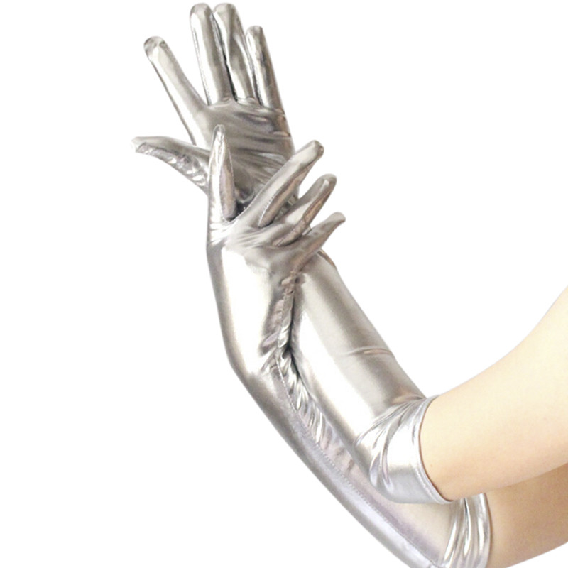 Gold Silver Wet Look Fake Leather Metallic Gloves Evening Party Performance Mittens Women Sexy Elbow