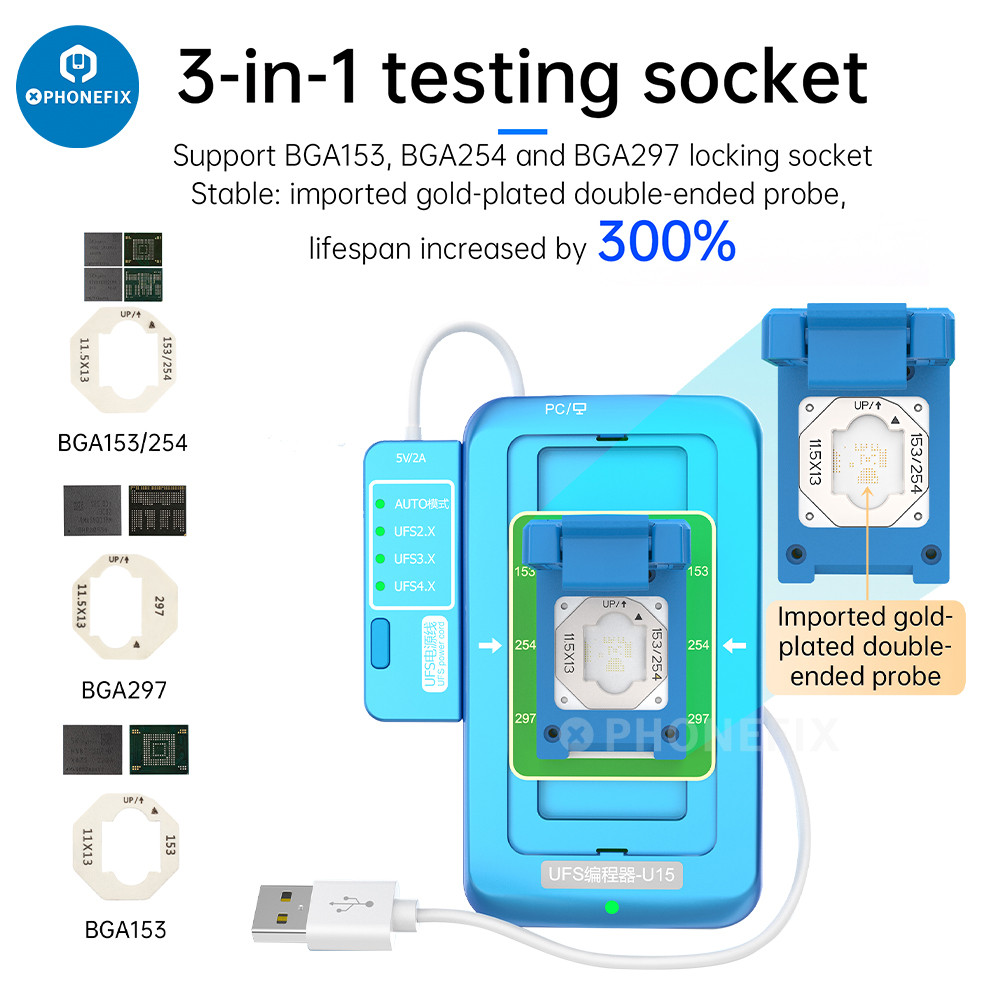 

JCID UFS Programmer U15 Box for BGA153 BGA254 BGA297 UFS2.X 3.X 4.X NAND Chip Identify Read Write USB3.0 high-speed transmission