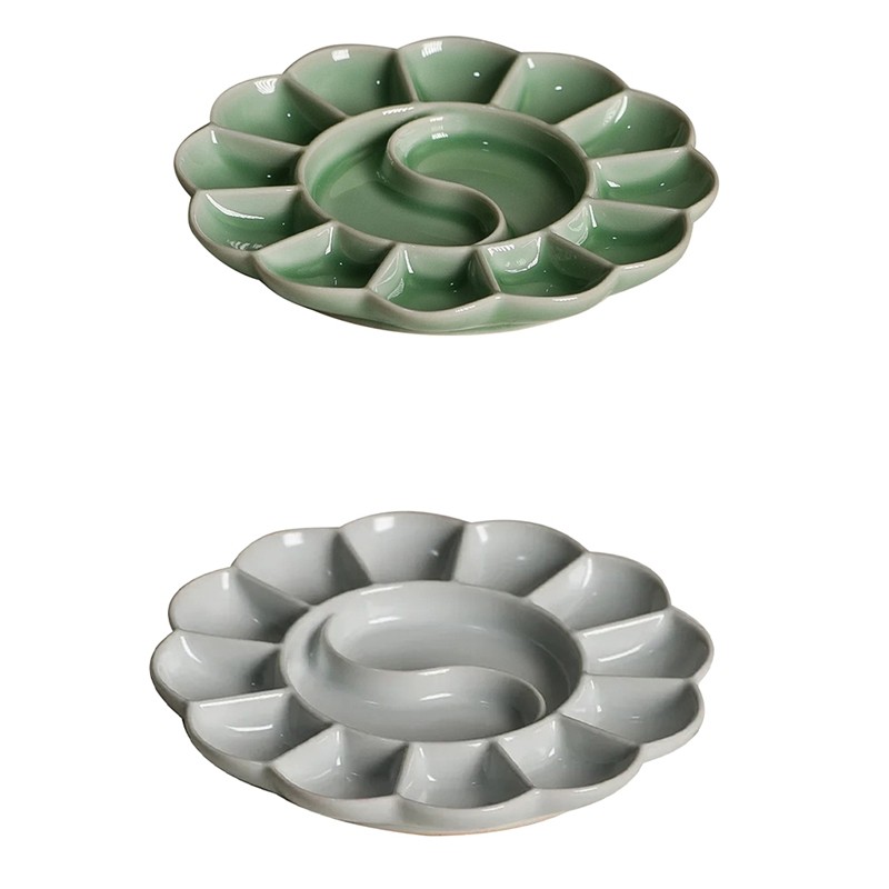 

Handmade Celadon Palette Plum Blossom-Shaped Watercolor Paint Tray Ru Kiln Ceramic Plate And Pen Holder