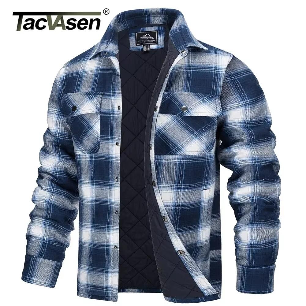 TACVASEN Winter Plaid Cotton Jackets Mens Long Sleeve Quilted Lined Flannel Shirt Jacket Multi-Pocke