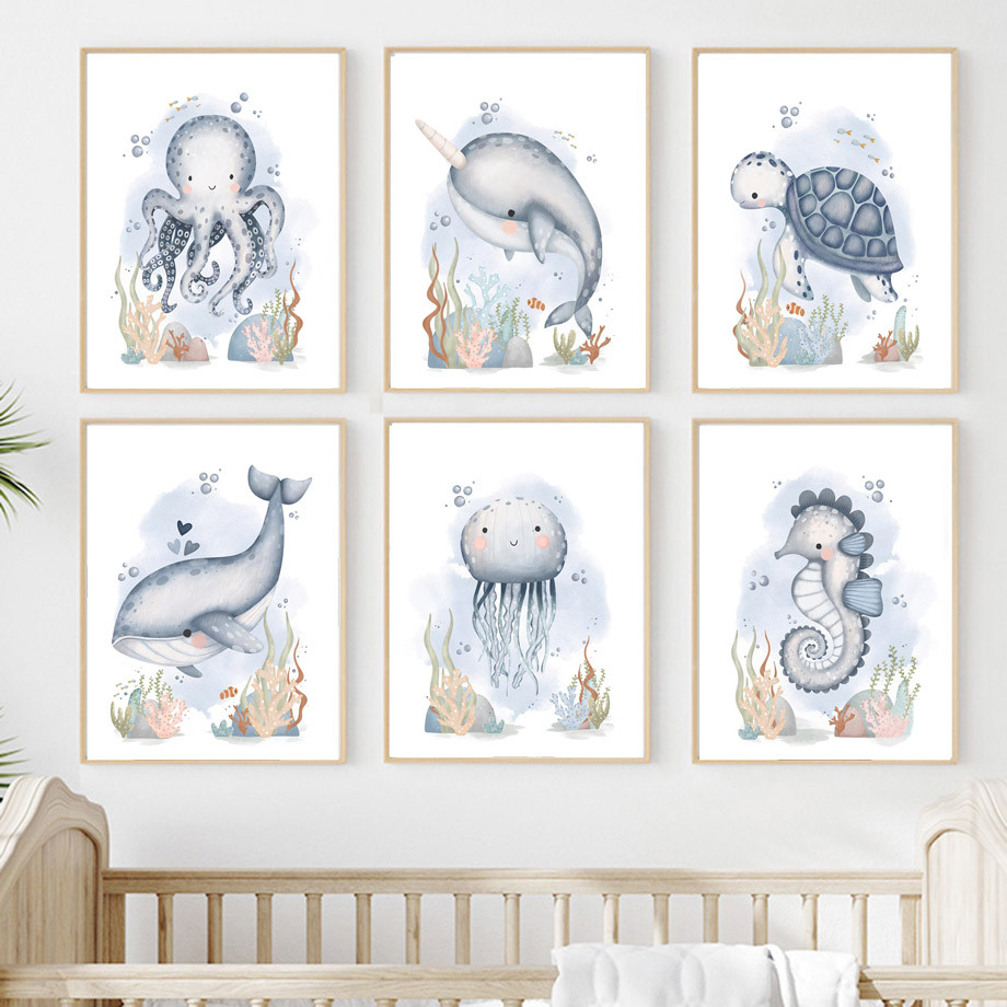Cartoon Cute Whale Octopus Turtle Seahorse Ocean Animals Posters Prints Canvas Painting Wall Art Hom