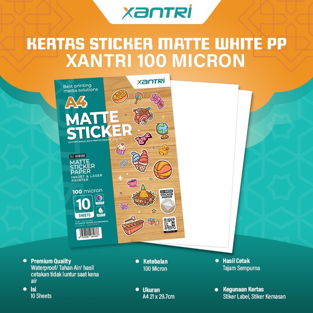 

XANTRI - KERTAS STIKER XANTRI MATTE WHITE PP 100 MICRON ISI 10 LEMBAR MATTE STICKER PAPER WHITE