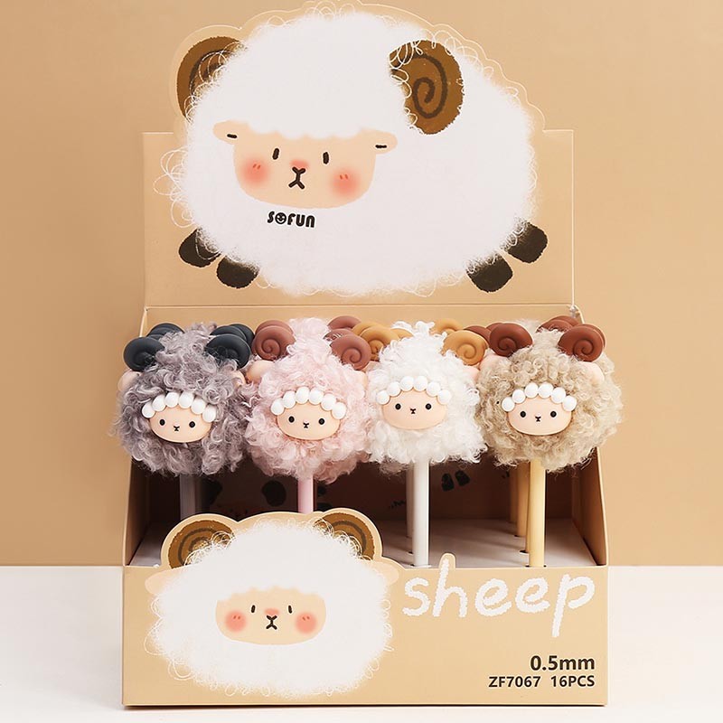 

16pcs/lot Kawaii Sheep Hairball Gel Pen Cute 0.5mm Black Ink Signature Pens Promotional Gift Office School Supplies