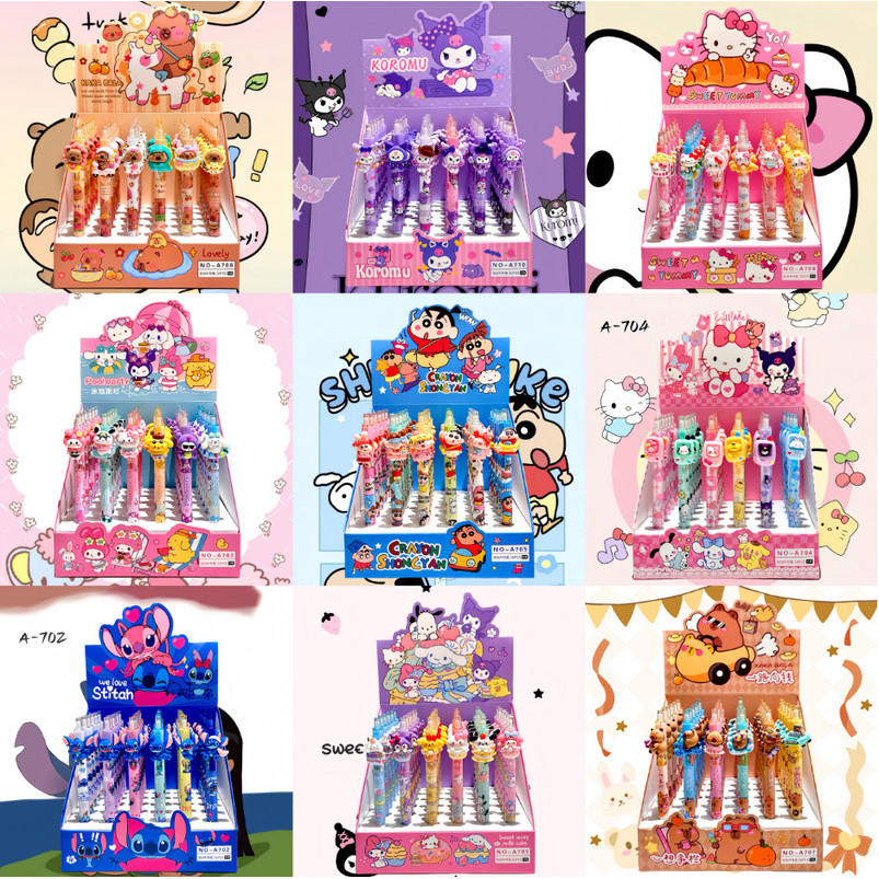 

36pcs Cartoon Stitch Kuromi Crayon Shin-Chan Capybara Resin Gel Pen Press Pen 0.5mm Black Student Stationery Wholesale