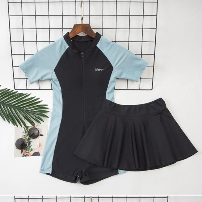 Produk Terbaru Baju Renang Celana Pendek Two Piece Import Wanita dengan Rok Tambahan 9015 Swimwear O