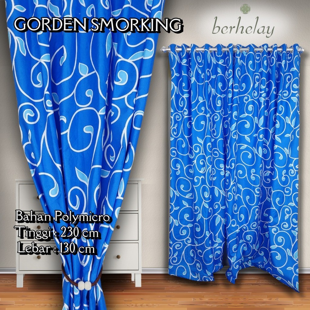 PUJEGANSHOP Gorden Smokring 12 Ring Polymicto Pintu Atau Jendela Motif Teralis / Kangkung Biru