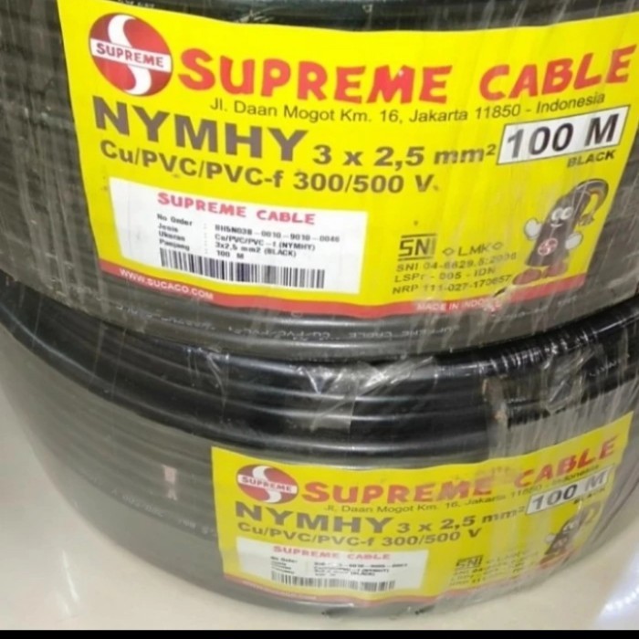 KABEL SUPREME SERABUT NYMHY 3X2,5mm 100Meter .2 warna putih+ hitam