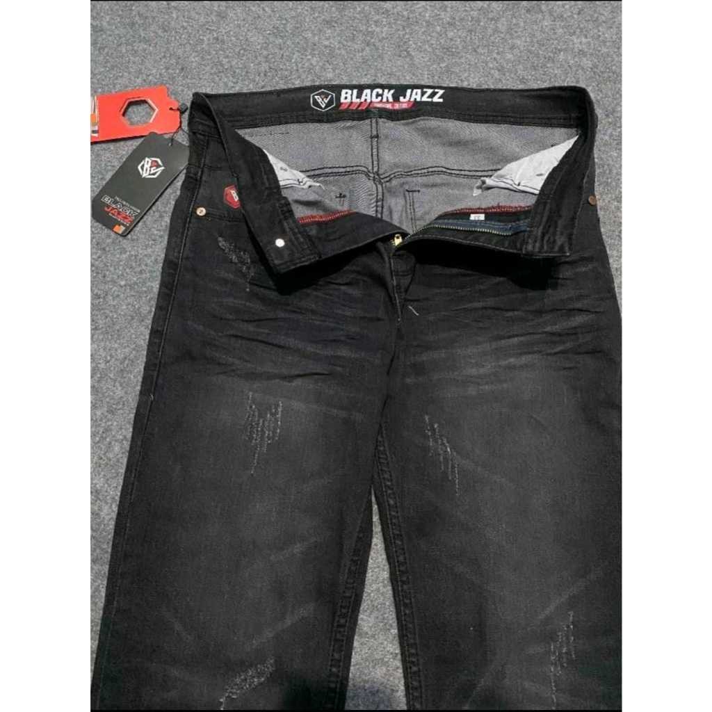 Celana Jeans Pria Reguler Fit Hitam Black Jazz Strect Robek Kasual Modis bahan melar