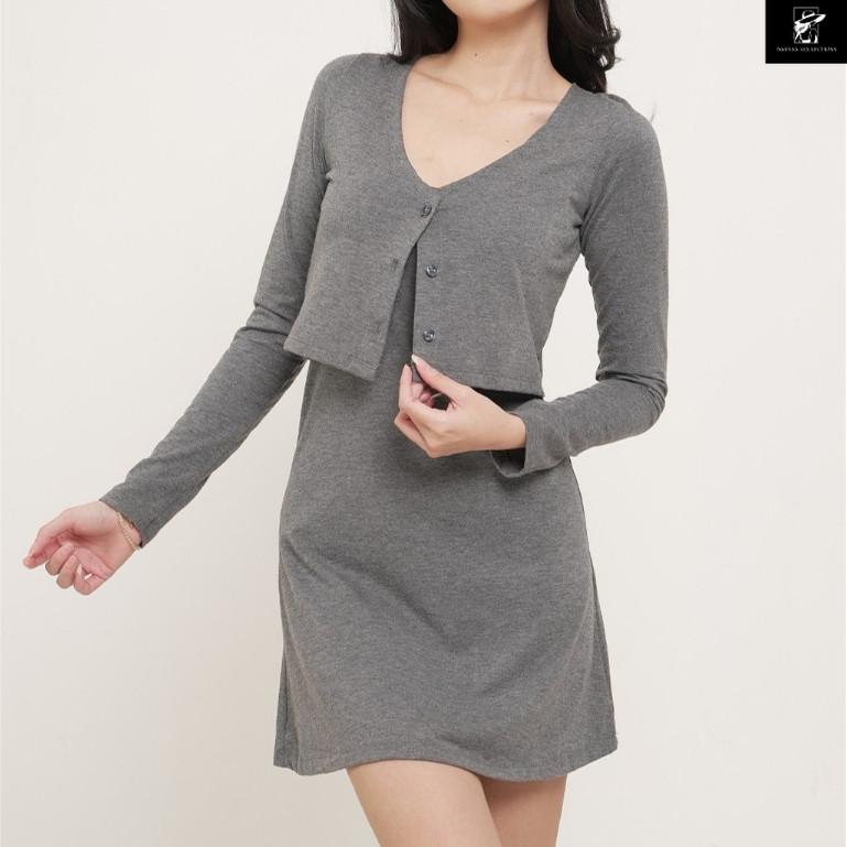 99kOUTLET One Set Mini Dress Spaghetti Strap Tanpa Lengan + Cardigan Cropped Full Kancing Lengan Pan