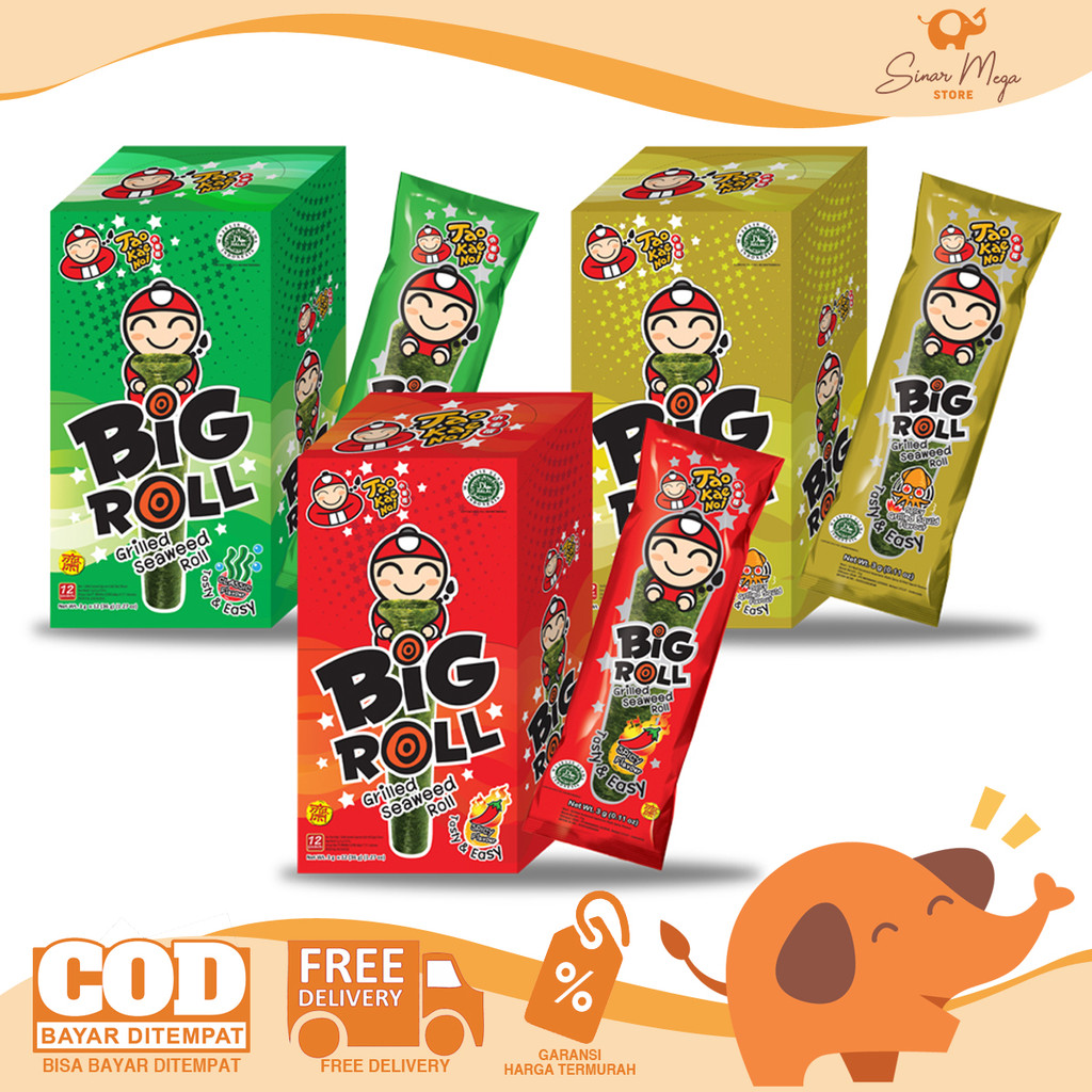 

Tao Kae Noi Crispy Seaweed Big Roll BOX LUSINAN - Snack Cemilan Nori Rumput Laut Gulung Murah Isi 12