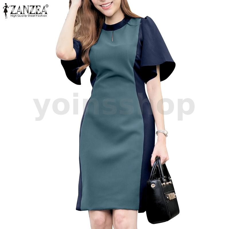 ZANZEA Women Korean Casual Round Neck Short Sleeve Patchwork Dress Presale