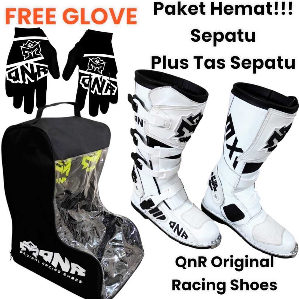 QNR - PAKET HEMAT  SEPATU CROSS WHITE QNR ORIGINAL  PLUS TAS JINGJING SEPATU BONUS SARUNG TANGAN PRO