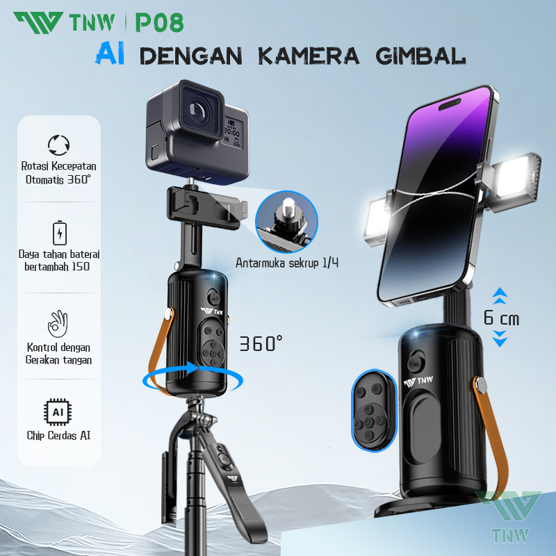 TNW P08 Portable Face Tracking Tripod AI Gimbal Stabilizer Bluetooth Handphone Stabilizer 360°Rotati