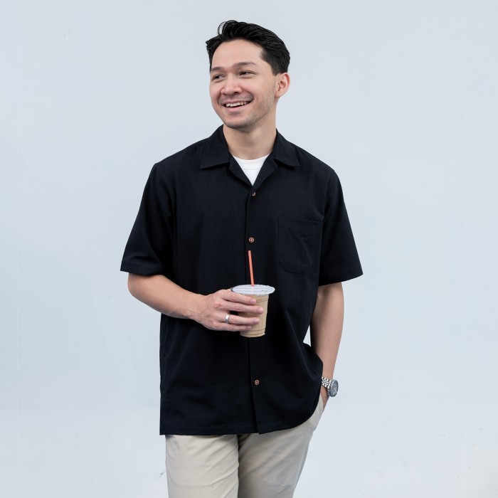 Kemeja Open Collar Pria WOODCUTTER Black Hitam Aloha Shirt - Black, S