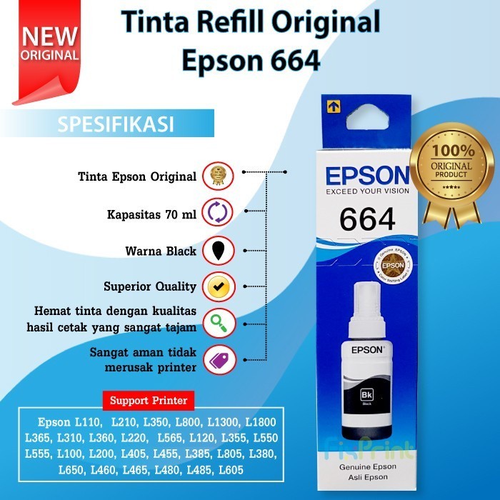 Tinta Refill 664 T6641 Printer Epson L Series Original Black 70ml Printer L100 L110 L120 L121 L200 L